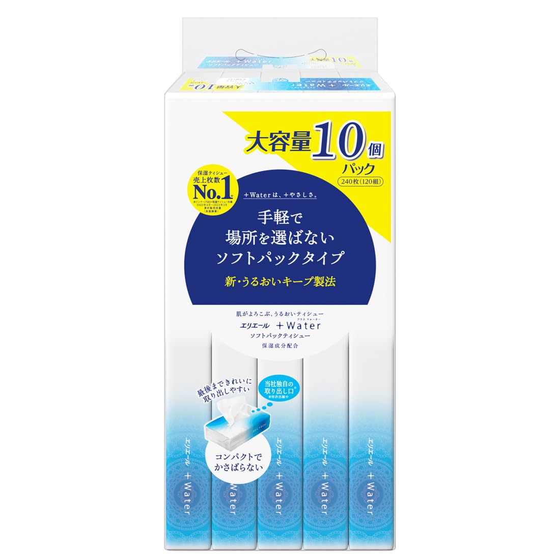 Elleair Plus Water Soft Pack 120 sheets x 10 Pulp Tissues, packs, 100%