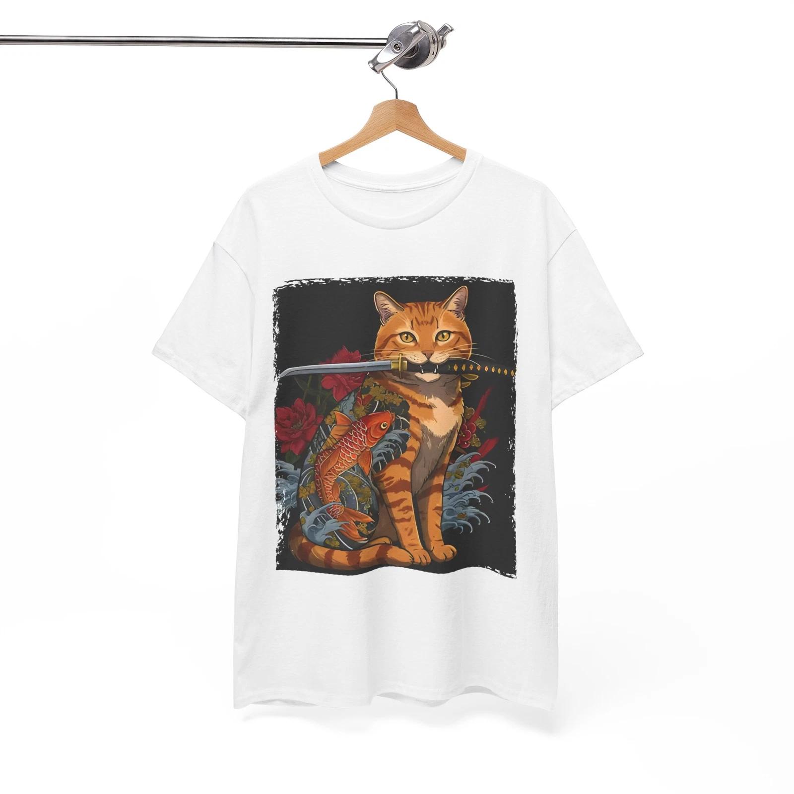 Anime Samurai Cat T-Shirt | Manga Warrior Japan Tee | Feudal Katana Shirt 3XL