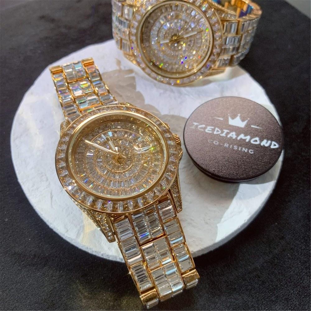ICEDIAMOND 42mm Ice Out Baguette CZ Diamond Calendar Wristwatch Gold Plated Zirconia Round Dial Quartz Bangle Men's