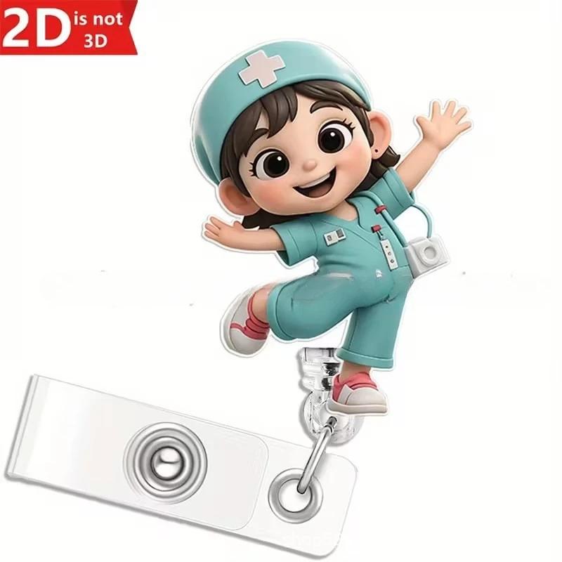 1pc Nurse Themed Retractable Badge Reel Acrylic ID Holder Clip for Hospital Office School Workers