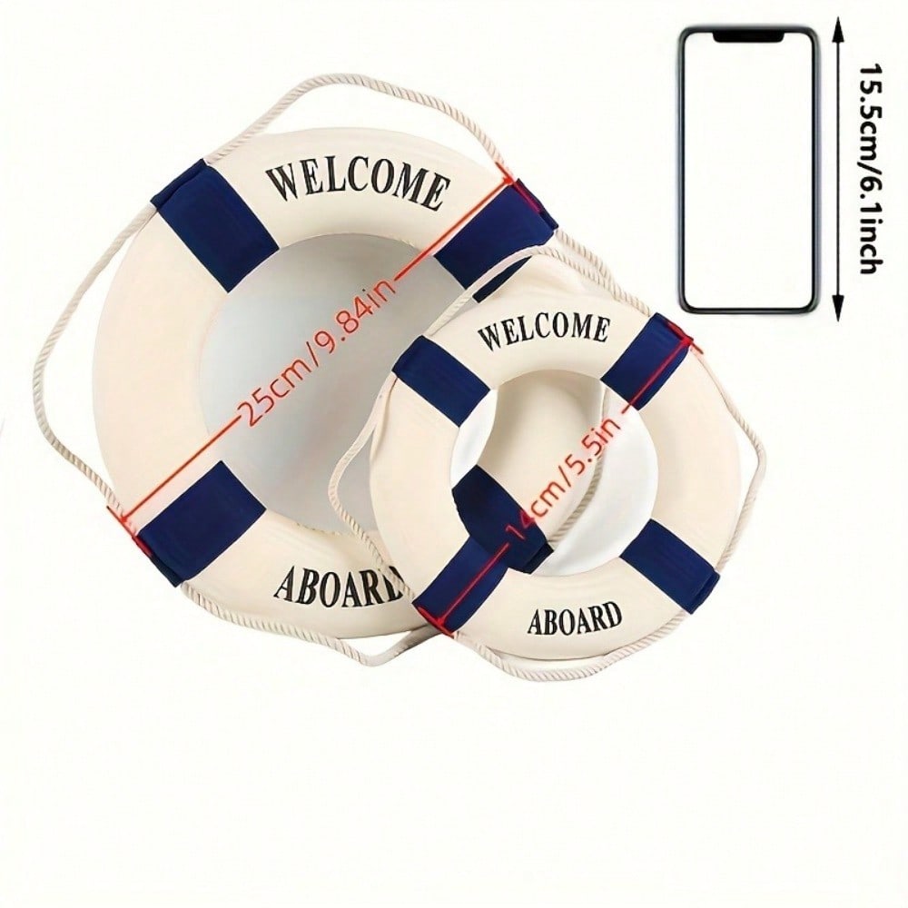 2pcs Nautical Welcome Home Decor - 9.84" White & Blue Life Buoy Wall Hangings with Rope Handles - Mediterranean Style