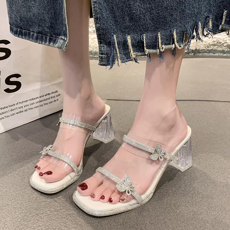 Fairy Wind Crystal Thick Heel Slippers Female Outer Wear 2025 Summer New Beautiful Transparent Rhinestone Temperament One-word Drag