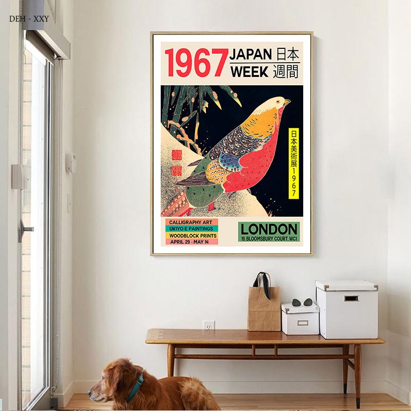 Poster zur Ausstellung japanischer Kunstwerke, Poster zur Japan Week 1967, Vögel, Leinwandgemälde, abstraktes Wandbild für die Zimmerdekoration zu Hause