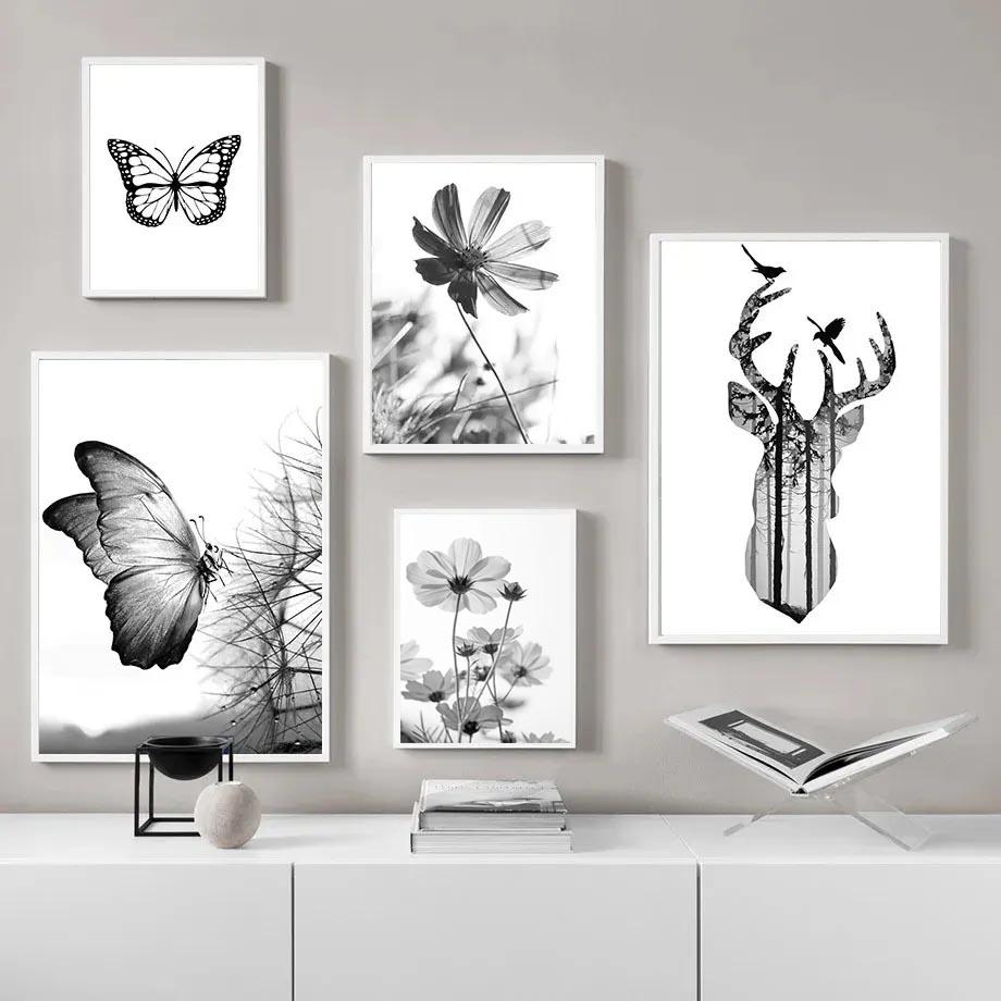 Black White Dandelion Blooming Flower Canvas Paintings Modern Minimalist Flower Plant Wall Art Poster Prints for Room Home Decor