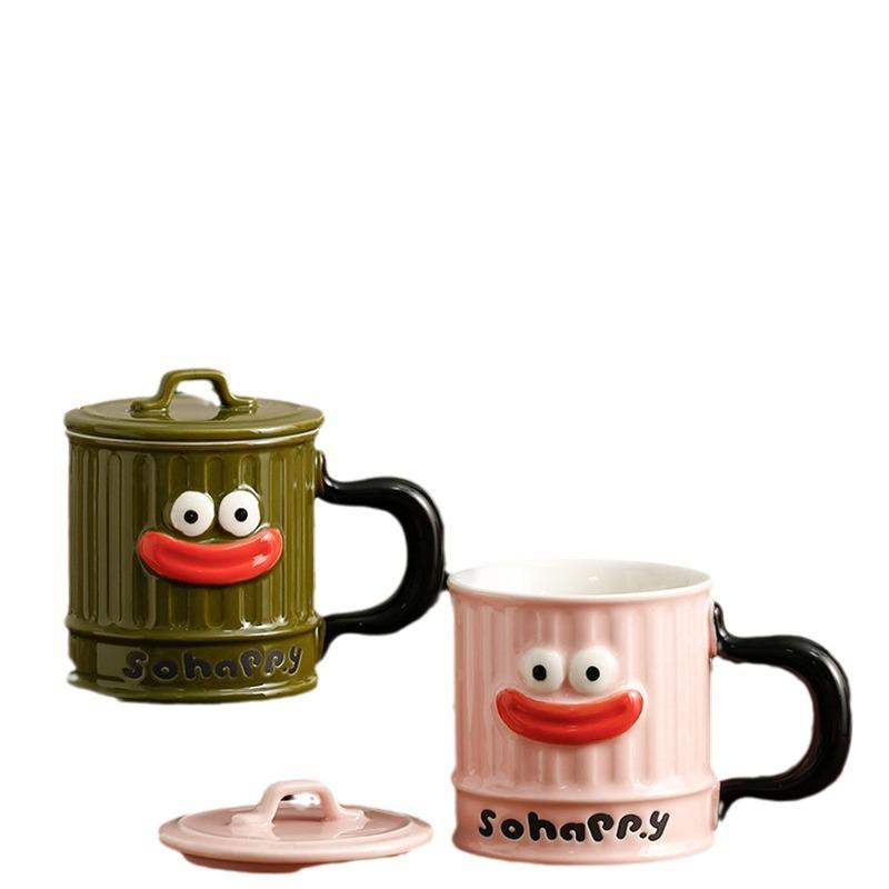 Cartoon Big Mouth Mug Smiling Face Cute Ceramic Cup with Lid Small Gift Couple Water Cup High Temperature Resistance Cup Student