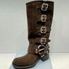 Fashion Comemore Chunky Heel Buckle Vintage Fashion Motorcycle Knee High Mid Calf Boots Shoes Leather New Platform Biker Boots for Women