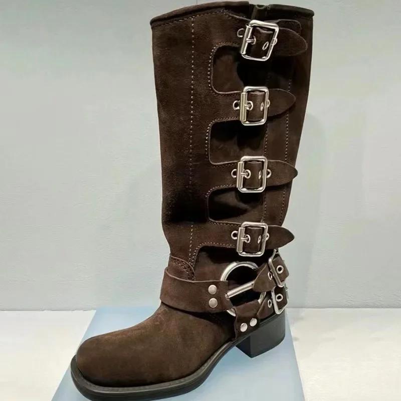 Fashion Comemore Chunky Heel Buckle Vintage Fashion Motorcycle Knee High Mid Calf Boots Shoes Leather New Platform Biker Boots for Women