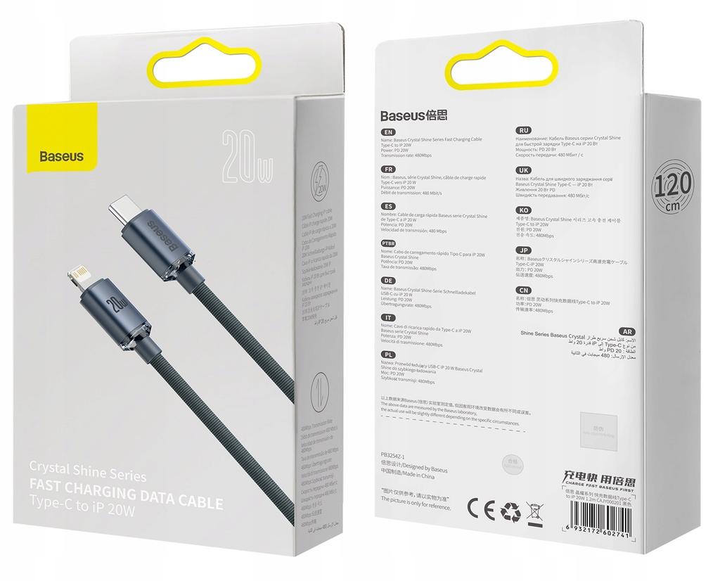 Kabel przewód USB-C / Typ-C - Lightning / iPhone 1,2m Baseus Crystal CAJY000201 z obsługą szybkiego ładowania 20W PD