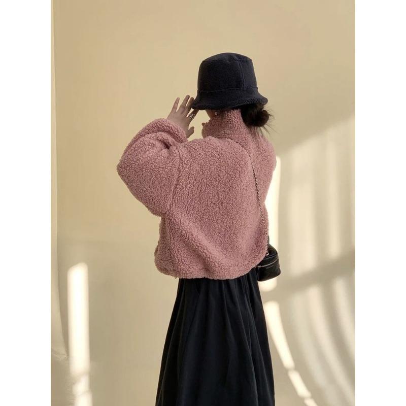 Fashionable Half-zip Stand Collar Sweatshirt for Women Autumn and Winter Loose Warm Lamb Wool Top
