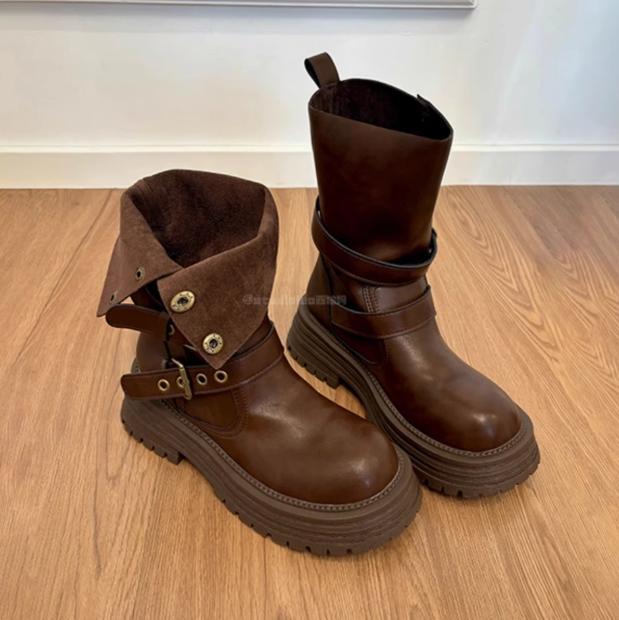 

Spot version~ Leather thick-soled Maillard boots women s 2025 spring and autumn retro velvet versatile tall knight boots 35