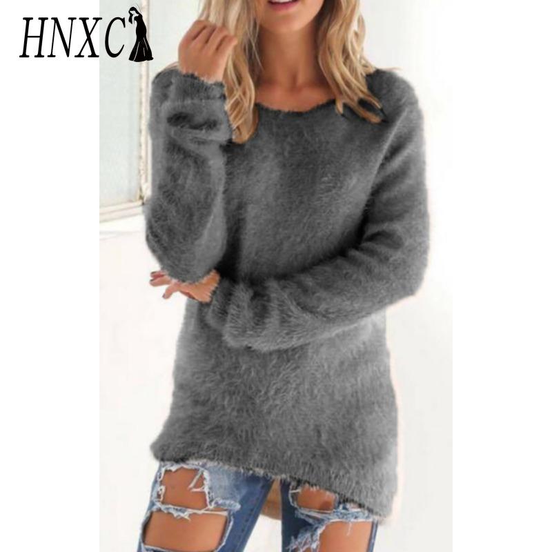 HNXC Women's Fashion Casual Solid Color Print Autumn Winter Long Sleeve O-Neck Loose Sweaters