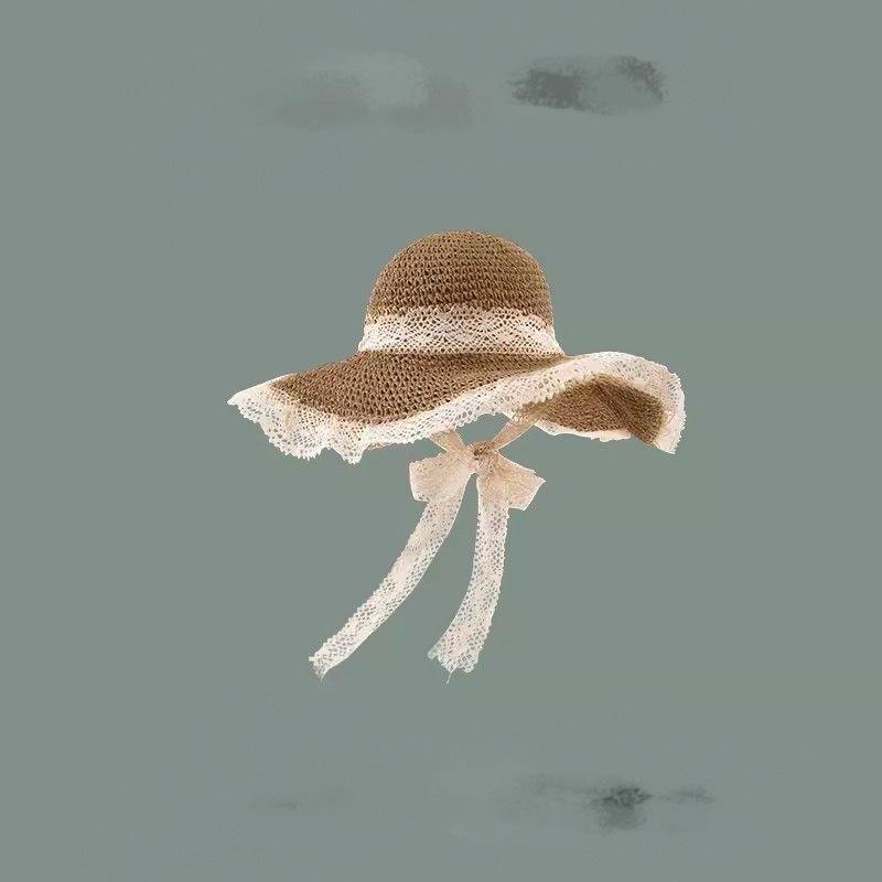 Women's Straw Beach Hat Ins Style Lace-Up Woven Hat Travel Sun Protection Beach Sun Hat Lace Visor Hat