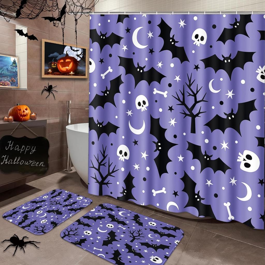Halloween Bathroom Sets With Shower Curtain And Rugs Accessories, Funny Ghosts Shower Curtain Sets, Trick Or Treat Shower