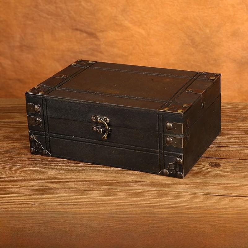 Vintage Chinese Style Wooden Square Storage Box With Lock For Desk Organizer