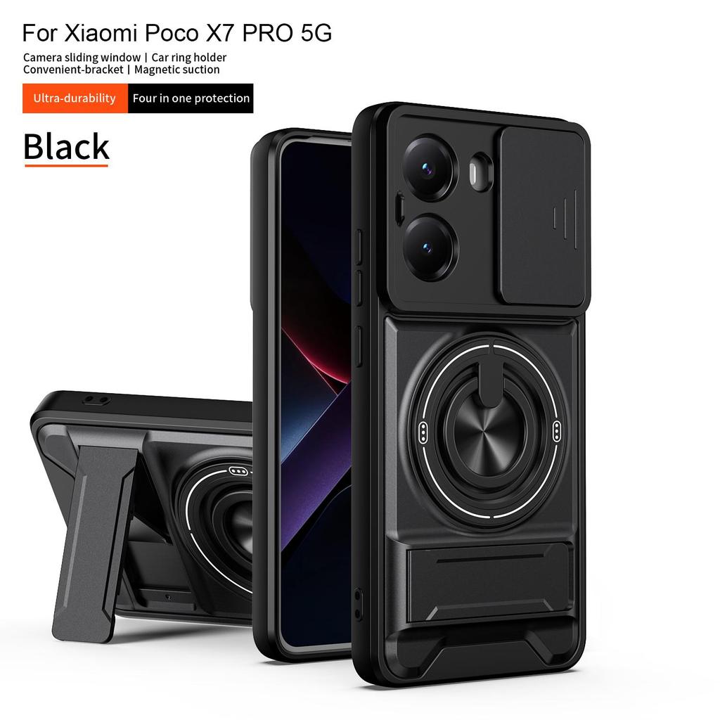 Phone Case Compatible for Xiaomi Poco X7 Pro 5G Case with Built-in Ring Stand Sliding Camera Lens Cover