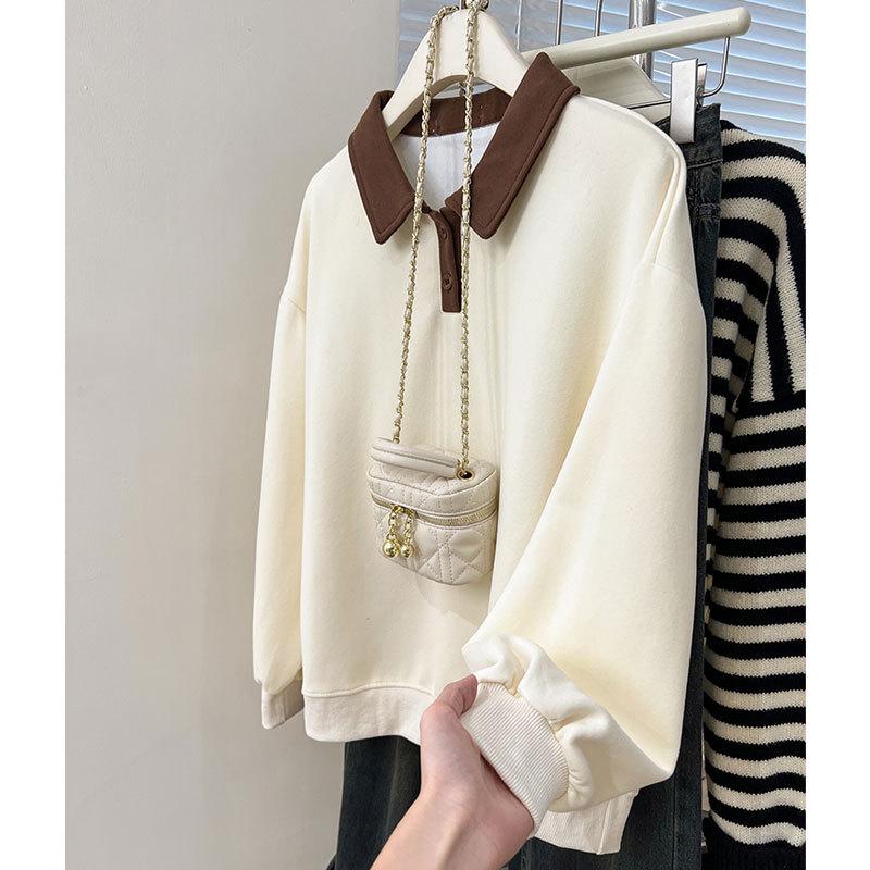 

Женский свитшот поло в стиле ретро с цветными блоками - Модный свободный топ с длинным рукавом на весну/осень 2025 M (Recommended for 50kg and below) абрикосовый