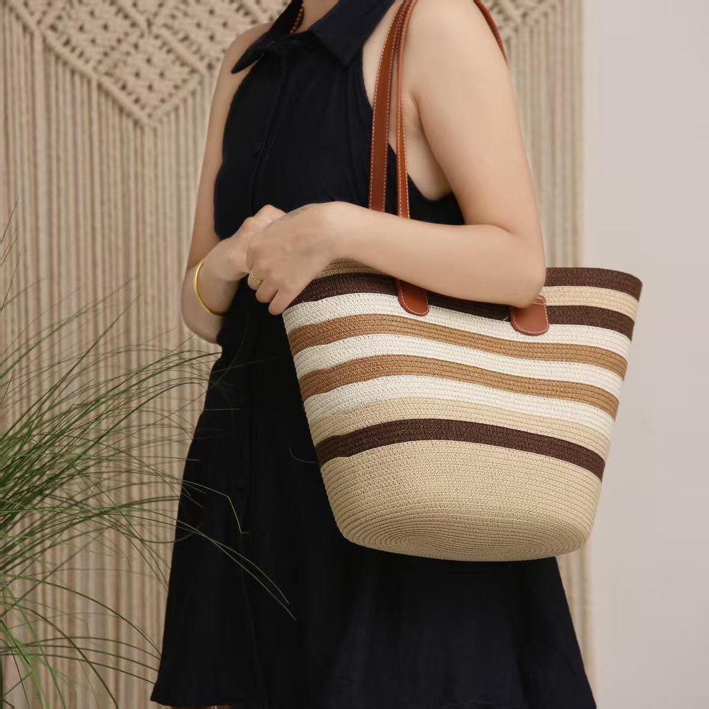 French Striped Straw Tote Bag - Large Capacity for Travel, Vacation, Beach, and Casual Commutes