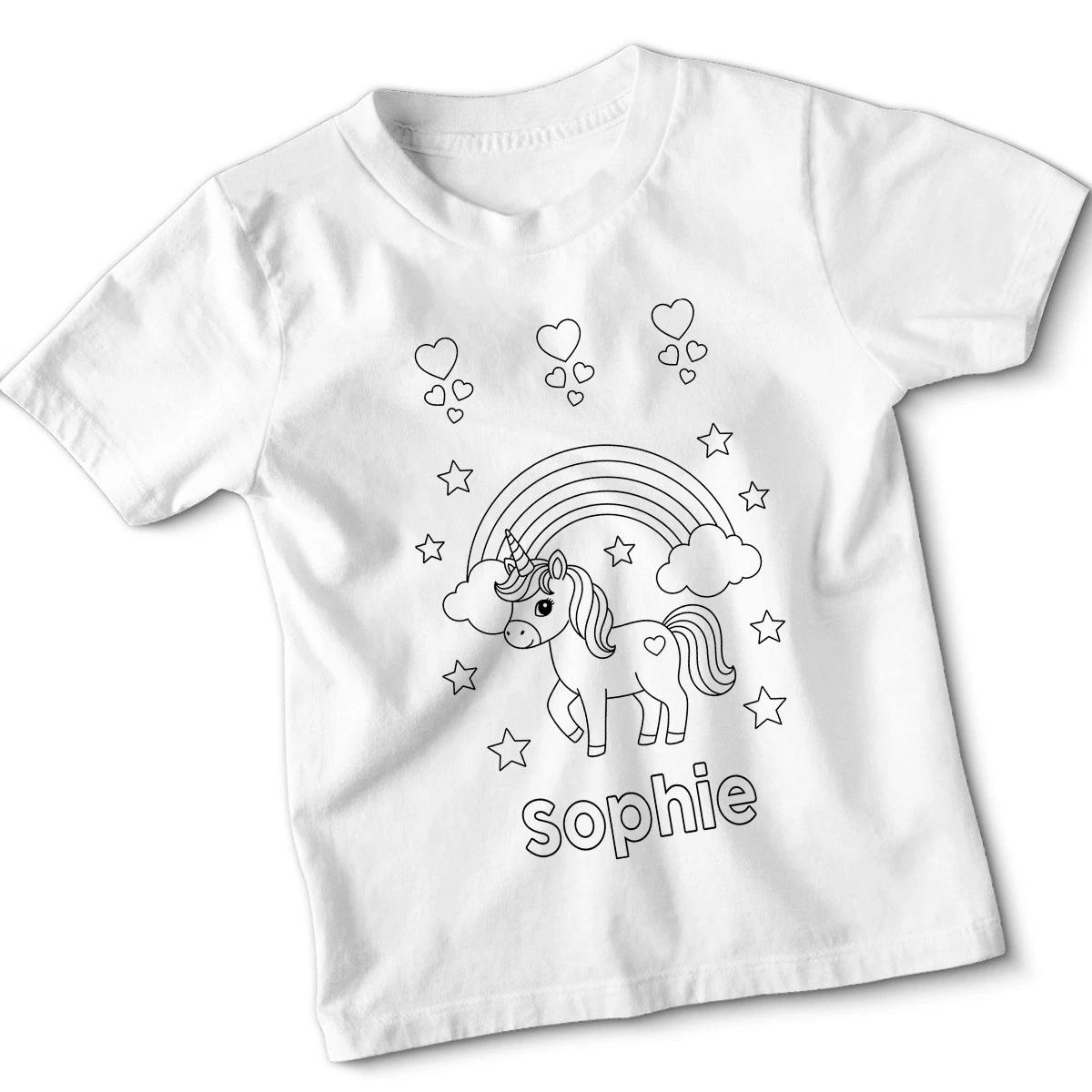 Personalised Name Custom Kids T-Shirt Unicorn Rainbow Tee 120
