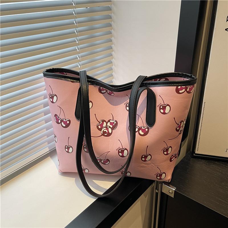Taschen Damen Herbst Neu Einkaufstaschen Schulter Großes Fassungsvermögen Kirschdruck Stilvoll Schlichte Tragetaschen Handtaschen
