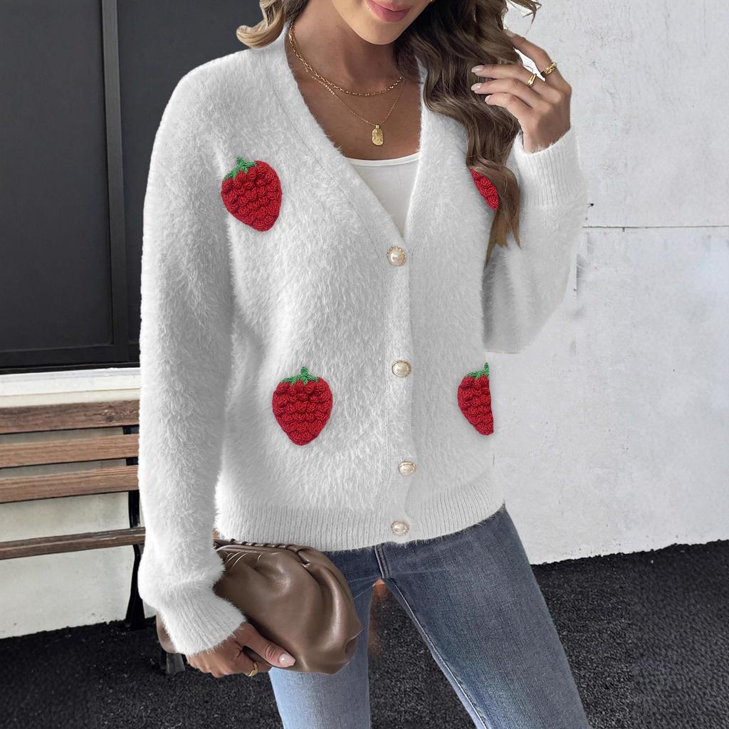 Women's Faux Mink Fur  Pearl Button Four Button Three-dimensional Embroidery Strawberry Patchwork Sweater Cardigan