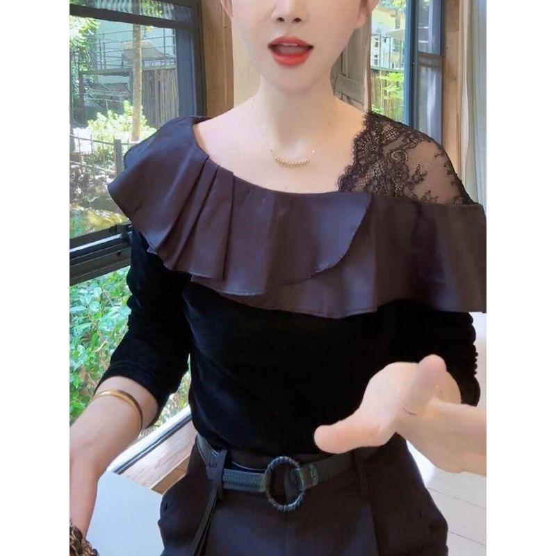 2026 Autumn New Korean Style Plus Size Off-Shoulder Lace Ruffle Patchwork Long Sleeve Slimming Top Versatile and Stylish