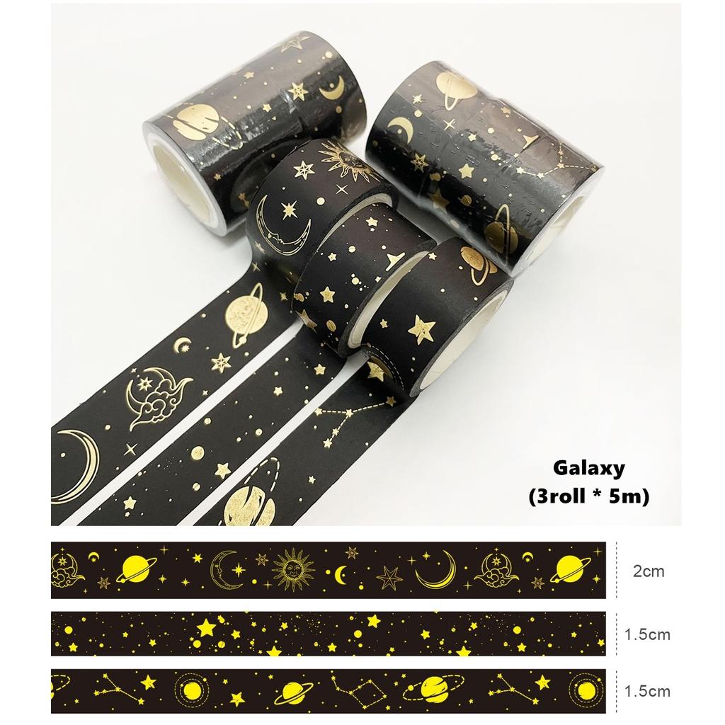 3 stk Gullfolie Washi Tapes Sett Multi Stein Stjerne Blomst Mønster Selvklebende Maskeringstape Dekor Klistremerker Dagbok