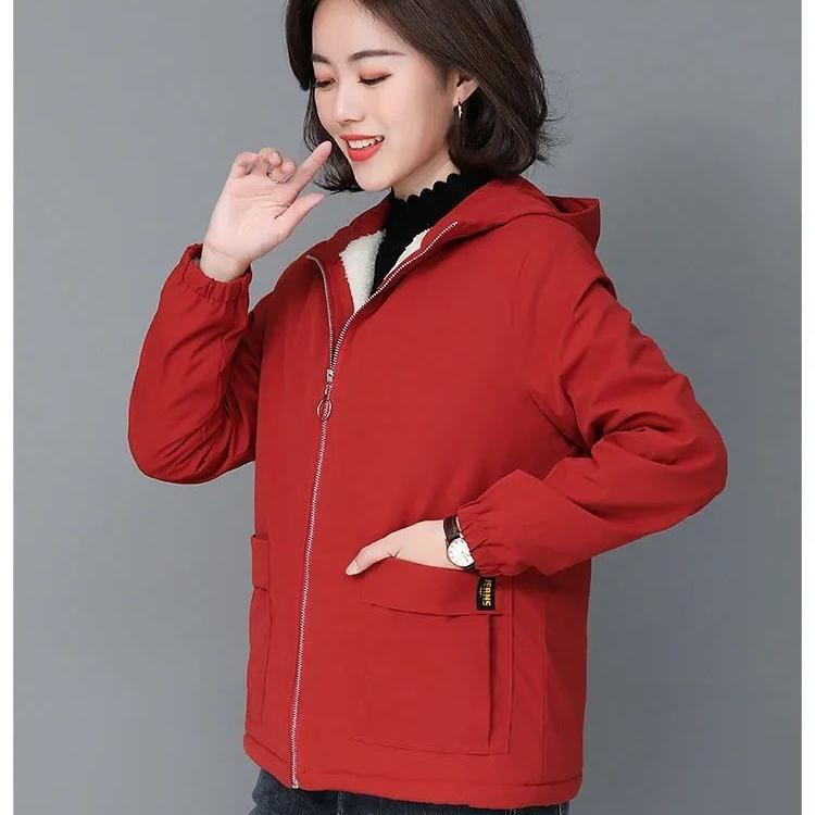 Women's Fleece Jacket Autumn Winter Short Thick Warm Zipper Jacket Loose Women's Hooded Coat Plus Size