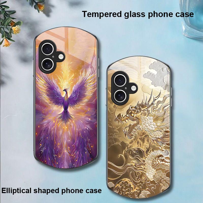 Golden Phoenix For Apple IPhone 16 11 13 15 14 Pro Max 12 Mini 7 8 Plus XR X XS Elliptical Shaped Tempered Glass Phone Case