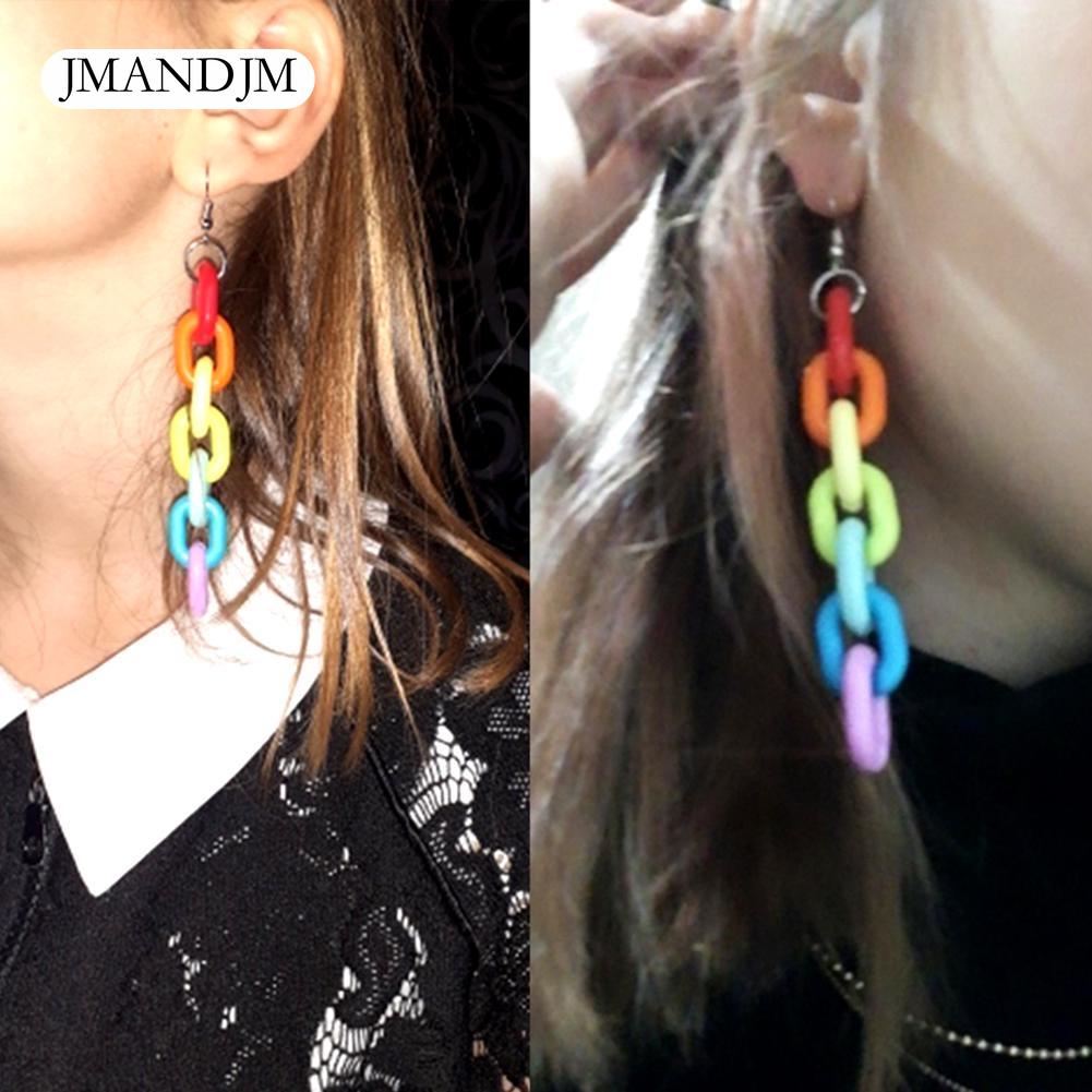 Fashion Chain Ear Hook Women Long Rainbow Clip Earrings Club Jewelry