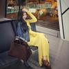 Yellow slim-fitting long-sleeved knitted dress women's autumn tight-fitting temperament long dress casual waist-wrapped hip skirt