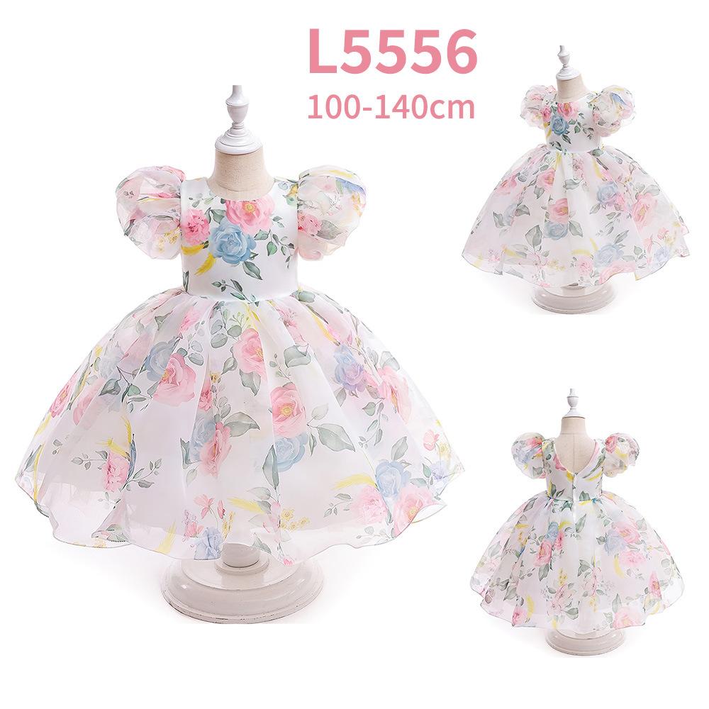 Girls' Dress  Puff Sleeve Princess Dress Children's Floral Dress Mesh Fluffy Dress