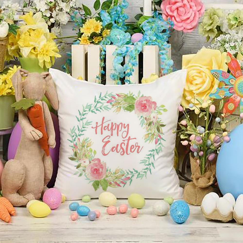 Happy Easter Flowers Polyester Cushion Cover Home Sofa Decor Living Room Bedroom Office Throw Pillow Cases Christian Easter Gift