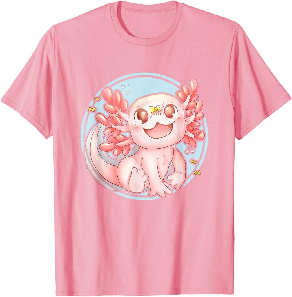 Kawaii Axolotl Cute Pink Amphibian Graphic Tee Soft Cotton Casual Crew Neck T-Shirt for Men