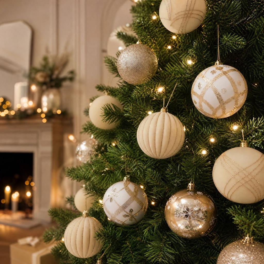 Velvet Painted Christmas Ball Ornament Set in Champagne Gold for Holiday Home Decor