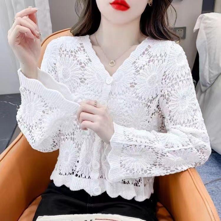 

Летний женский тонкий трикотажный свитер с длинным рукавом, короткая солнцезащитная куртка с кружевным вырезом, вязаный кардиган, пальто one size белый