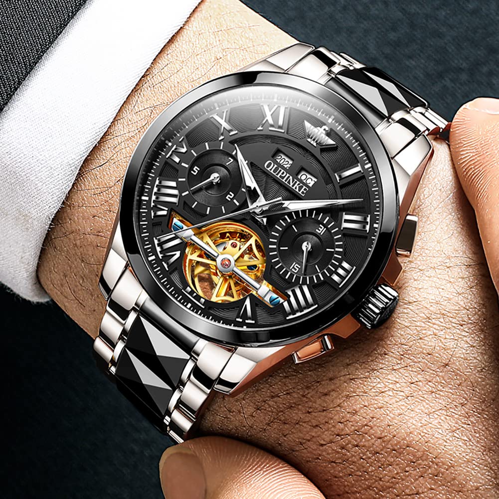 OUPINKE Automatic Mechanical Watch 40mm Hollow Dial Men's - Easy-to-Read Dial, Waterproof, Calendar, Automatic/Manual Winding, (Black-1)