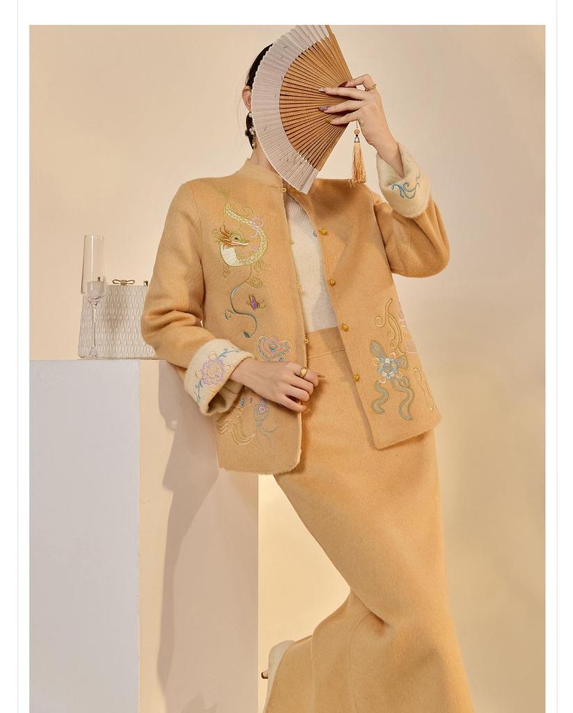 Embroidery Merino Wool Two-Color Double-Sided Coat and Skirt Set in New Chinese Style