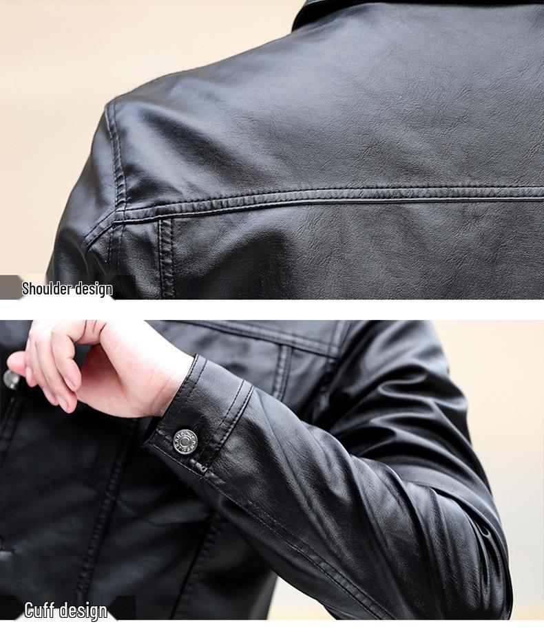 Pánská bunda z PU kůže s plus sametem - Jaro/Podzim, Slim Fit, Korejský styl, Ležérní zralý vzhled