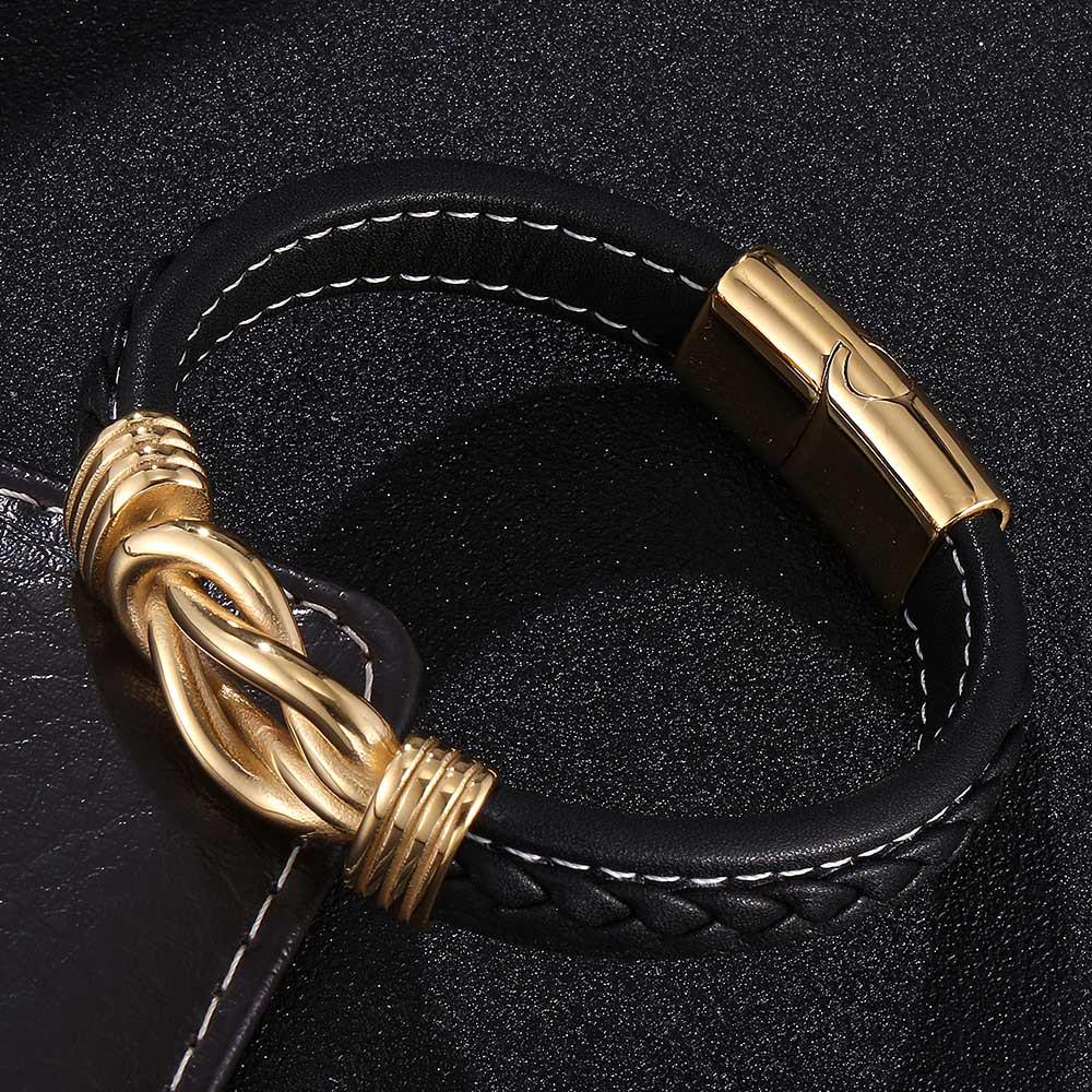 Men's Multi-layer Leather and Gold Stainless Steel Punk Bracelet