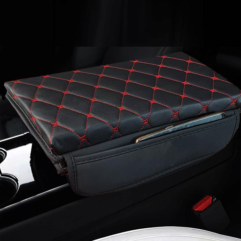 Car Armrest Pad Thicken Memory PU Leather Quilted Foam Center Console Box Cover Elbow Rest Protect Cushion With Storage Pocket