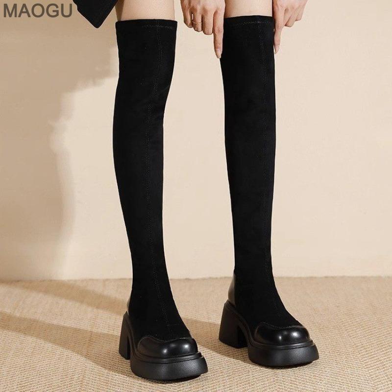Women's Stretch Thigh High Boots Black Platform Over-the-Knee Modern Long Boots Fashion Slip on Short Plush Winter Botas Mujer