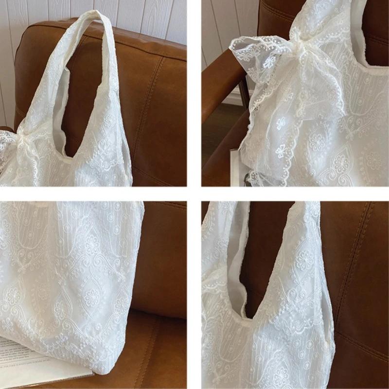 Retro Lace Flower Women's Canvas Shoulder Bag Large Capacity Gentle Ladies Tote Vest Bag Summer Travel Underarm Bag Handbags