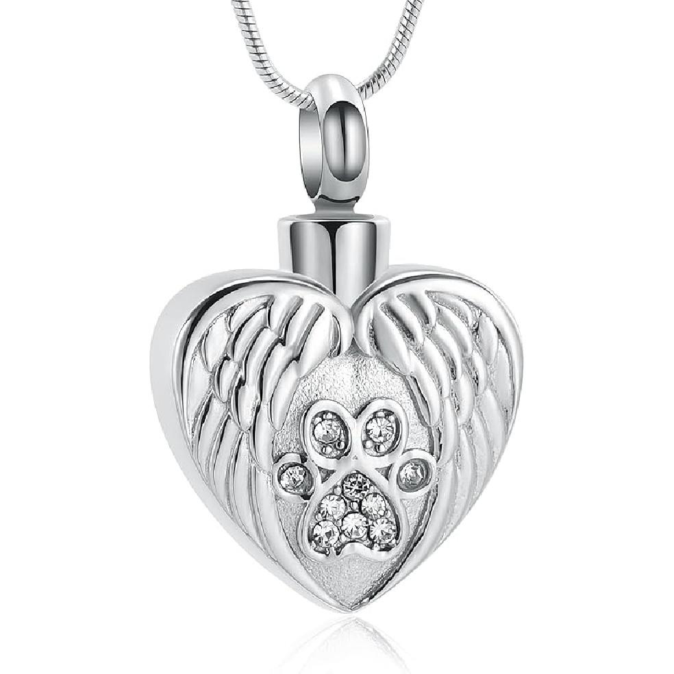 Heart Paw Print Urn Necklace for Ashes for Dog Cremation Jewelry Angel Wing Heart Urn Locket Pendant for Dog/Cat