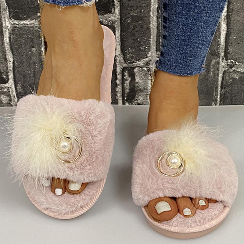 Fashion Light Open Toe Cotton Slippers for Women Elegant Pearls Detor Indoor Cotton Slippers Woman Soft Faux Fur Flats Plush Slides Lady