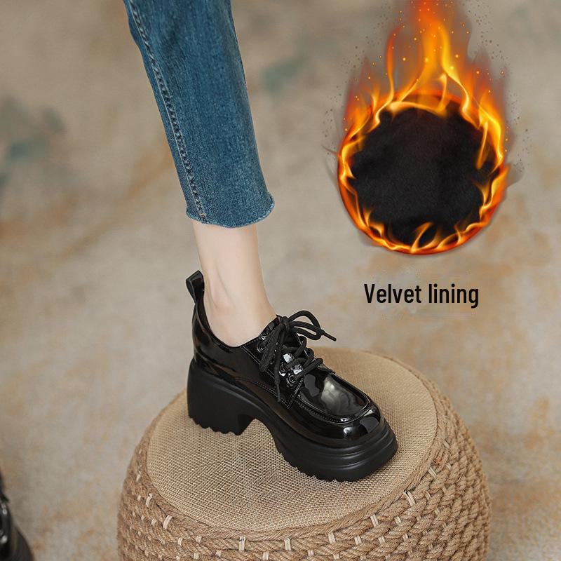 Women's Genuine Leather Thick-Soled Lace-Up Loafers, High-Heeled, British Style, Autumn/Winter 2024.