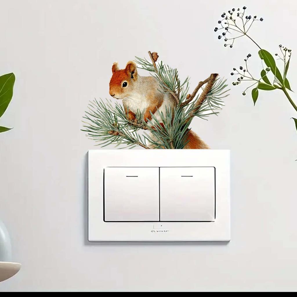 Realistic Squirrel On Pine Branch Self-adhesive Switch Decorative Sticker Removable, Waterproof, Household Beautification Sticker