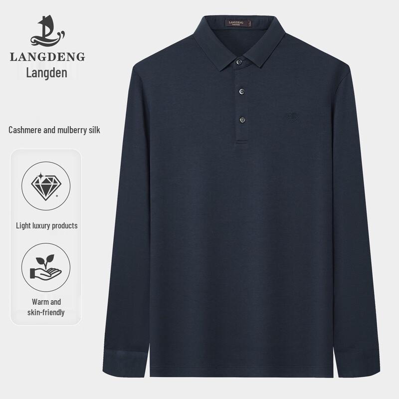 Langdeng Men s Cashmere Silk Blend Long-Sleeve Polo Shirt L
