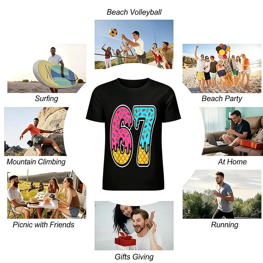 Cute Ice Cream Number 67 Graphic Print Casual Short Sleeve Top Pure Cotton T-shirt