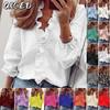QICED Women's Fashion Casual Solid Color Print Long Sleeve V Neck Blouses & Shirts