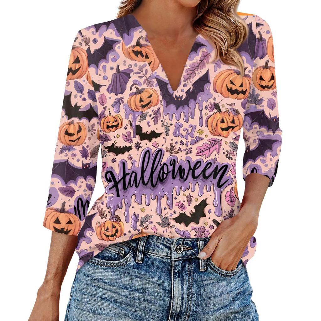 Mote dame casual jakkeslag 3/4 erme Halloween-trykk skjorte dame V-hals topper